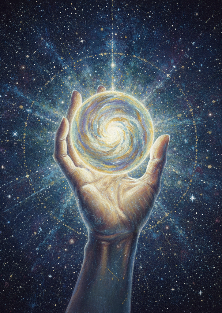 Hands holding cosmic energy